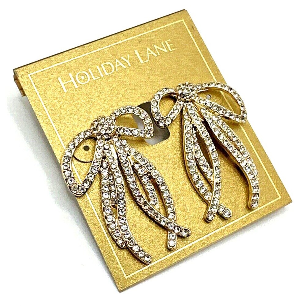New MACY'S HOLIDAY LANE Christmas Earrings Crystal Rhinestone Bows Pierced NWT